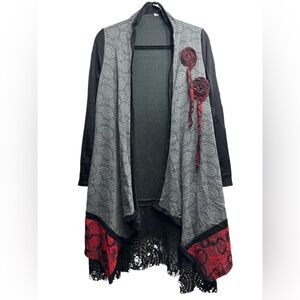 The Collection Royal Red Black Gray Paisley Asymmetrical Drape Cardigan Size S